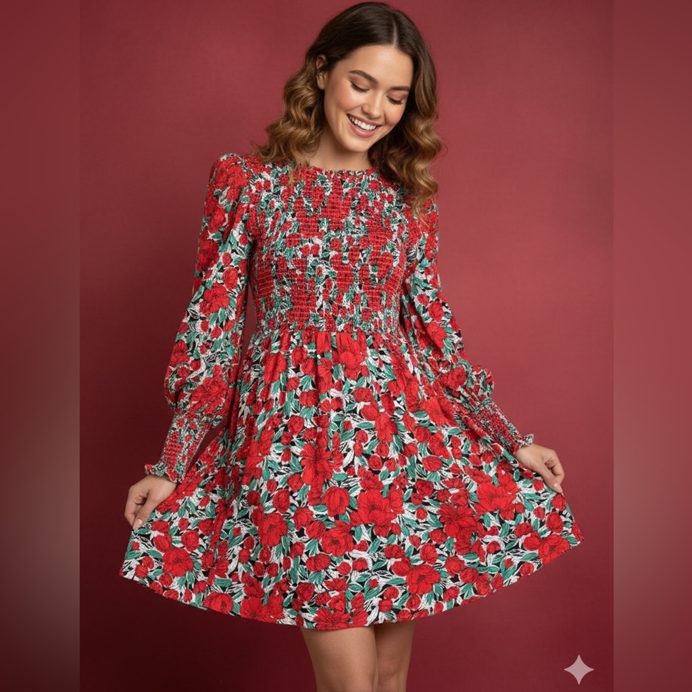 Emerald xo Ivy Red Floral Smocked Dress